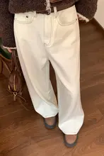冬用 やわらかい白色ストレートデニムパンツ【高腰・ワイドレッグ・女性用・保温加厚】