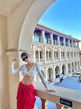 クロップトップ レディース ショート セクシー Vネック ツイスト Tシャツ 長袖 インナー デザイン感