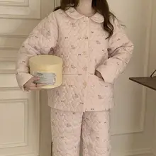 三層キルティングかわいいドールカラー厚手パジャマ【冬用・女性用・部屋着・外出可能】