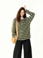 レトロなバイカラーストライプヘンリーネック長袖Tシャツ【ゆったりフィット・スタイリッシュ・シンプル】
