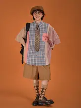 日本のレトロなコントラストカラーステッチチェック柄 シャツ