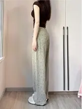 大きいサイズのフラワープリントデニムパンツ【薄荷グリーン・ハイウエスト・ワイドレッグ】