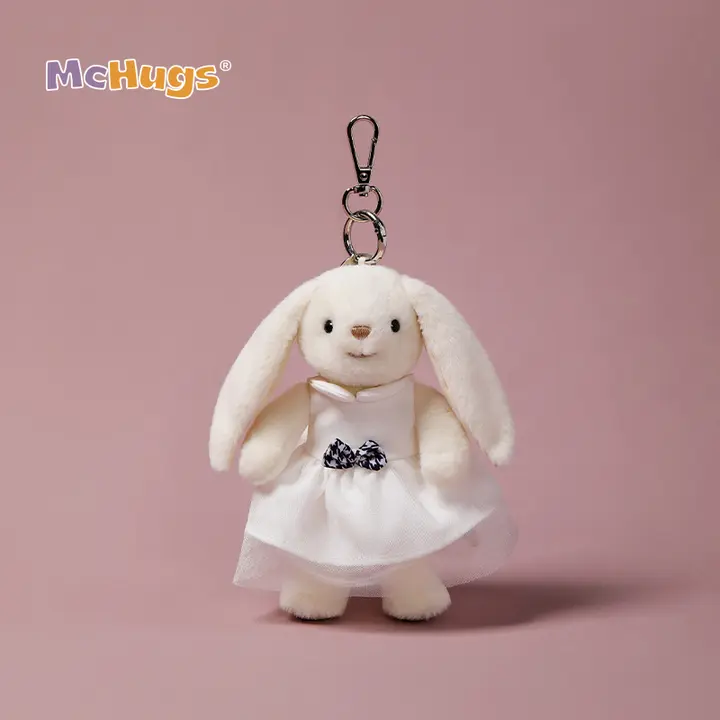 白色ドレスの微笑むウサギのキーホルダー付きぬいぐるみ【バッグチャーム・可愛いデザイン】