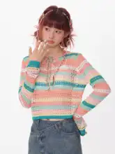 春夏用 アメリカンレトロデザインの短丈ストライプ模様透かし長袖トップス