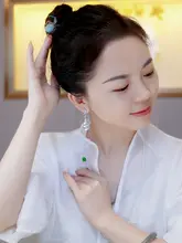 天然水沫子玉石の純銀製ピアス【ファッション・葫芦デザイン・ロングタイプ】