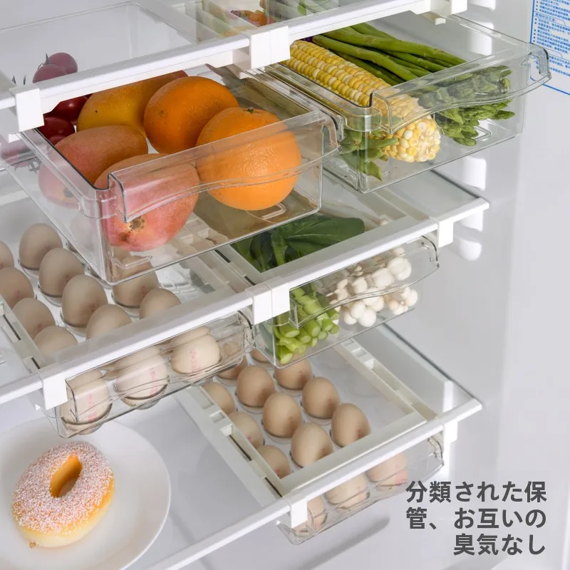 引き出し式冷蔵庫用収納ボックス：卵・果物・野菜の鮮度保持に最適な小物収納解決策