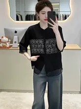 刺繍入り半袖シャツ【女性用・ゆったりしたデザイン・ファッション】（セットアップ対応）