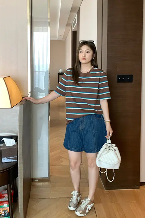 ルーズフィット ヴィンテージ風バンブーストライプデニムショートパンツ【極上の柔らかさ・夏用・プレミアムデザイン】