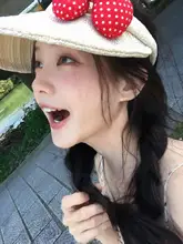 ポルカドットリボン付き編みブレードハット【夏用・日差し対策・空頂帽】