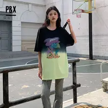 P&X 花柄アート 夏用プリントディップダイグラデーション半袖Tシャツ【レディース・カジュアル・ラウンドネック】