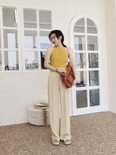 猫境 高腰ダブルプリーツワイドパンツ【淡いミルクイエロー・ハイウエスト・フィット】