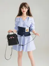 オフショルダーシャツワンピース【秋用・ウエスト絞り・シックなデザイン】（セットアップ対応）