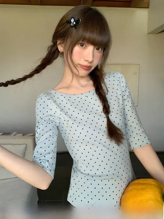 カラーブロック ドット柄プリント ラウンドネック 半袖トップス【夏用・シルエット美・レディース】