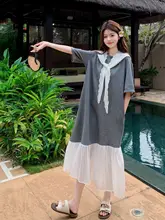 浅灰色メッシュカラー切替Tシャツワンピース【夏用・カジュアル・長袖】