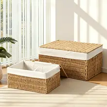 衣類収納バスケット【ふた付き・編み込みデザイン・整理用】