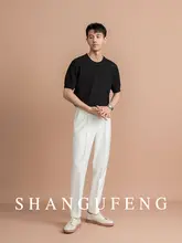 SHANGUFENG メンズ夏用 ニットTシャツ【透かし編み・ラウンドネック・短袖・カジュアル】