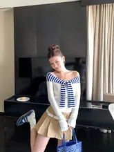 デザイン感あふれる撞色ストライプリボンデザインニットトップス