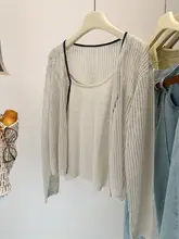 麻素材の小さな透かし編みニットカーディガン【UVカット・ノースリーブタンクトップ付き・セットアップ対応】
