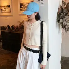 お洒落なオートミールカラーのニットトップス【高腰・クロップド・翻領デザイン】