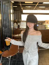 グレーのストライプワンショルダー長袖Tシャツ【スリット入り・春用・通勤スタイル】