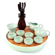 陶器製 丸型茶盤【シンプルデザイン・竹製トレイ】