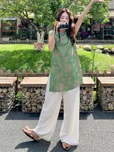 新中式国風 緑の印花無袖トップスとワイドパンツ【美しいデザイン・高級感・春夏用】（セットアップ対応）