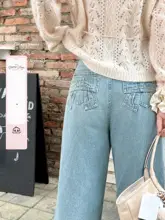 リボン付きのレトロウォッシュハイウエストストレートデニムパンツ【ワイドレッグ】