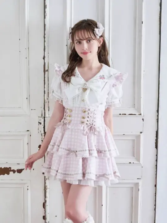 可愛らしいチェック柄の高腰サスペンダースカート【リボン付き・夏用・カジュアル】（セットアップ対応）