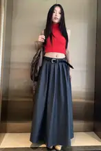 秋季レトロロングプリーツスカート【ハイウエスト・フレアデザイン・小柄向け・足首丈】（セットアップ対応）