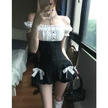 学院風のドット柄オフショルダーシャツとフレアミニスカート【ウエスト絞り・小柄向け・セットアップ対応】