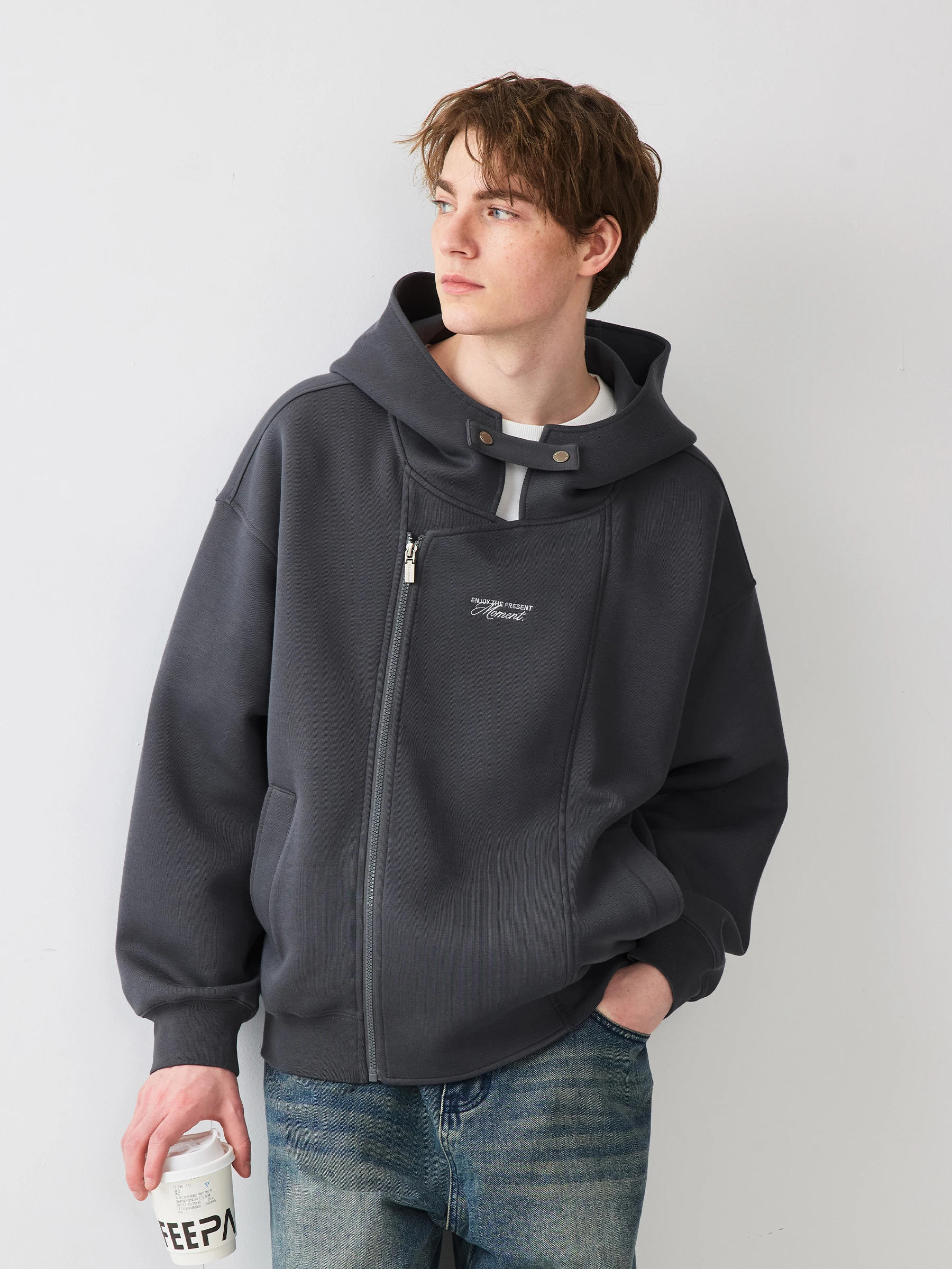 ユニセックスエア層ジッパー付き両面フードスウェットパーカー：トレンドデザインで春秋に最適な日常着