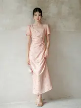 春夏用 中式改良チーパオ【ウエスト絞り・プリーツデザイン・スクエアネック】