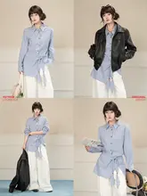 ブルーストライプエプロンデザインのシャツ【春用・ドレープ感・ルーズフィット】