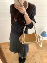 秋冬向け レトロ可愛い羊毛と牛革のショルダーバッグ【ハンドバッグ・肩掛け・軽量】