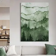抽象的な森林と山の絵画【緑の自然・リビングルーム用手描きオイルペイント】