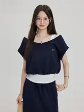 Tシャツ レディース 半袖 フェイクレイヤード ベスト パッチワーク デザイン性 個性的 おしゃれ 夏季