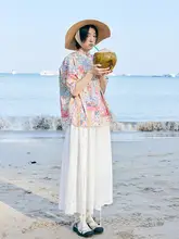 半袖シャツ レディース クルーネック バイカラー 総柄 おしゃれ リゾート 夏