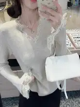 レディース ブラックレースコンビネーションVネックセーター【秋春用・上品なニット】