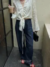 ヴィンテージ風コットン製夏用薄手デニムハイウエストワイドパンツ