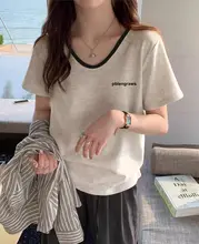 Vネック コットン短袖Tシャツ【米灰色・カジュアル・ゆったりフィット】