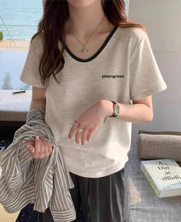 Vネック コットン短袖Tシャツ【米灰色・カジュアル・ゆったりフィット】