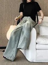 ヴィンテージ風ダメージデザインのウォッシュ加工デニムパンツ【ダブルウエスト】