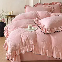 冬季用厚手ミルクフランネル蝶デザインのフレンチスタイル四点セット【ピンク・レース付き】（セットアップ対応）