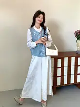 ブルー国風少女感コーディネート【春用・刺繍ベスト・シャツ・ワイドパンツ・三点組（セットアップ対応）】