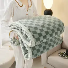 ヴィンテージチェック柄のウサギ毛フリースブランケット【厚手・冬用・オフィス昼寝・ソファカバー・コーラルフリース】