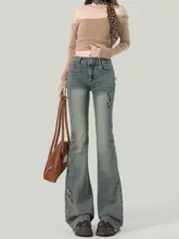 レトロなリボン付き フレアデニムパンツ【ハイウエスト・スリムフィット・ストレッチ】