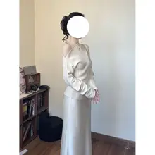 エレガントな白色のロングアセテートサテンスカート【夏用・Aラインデザイン】