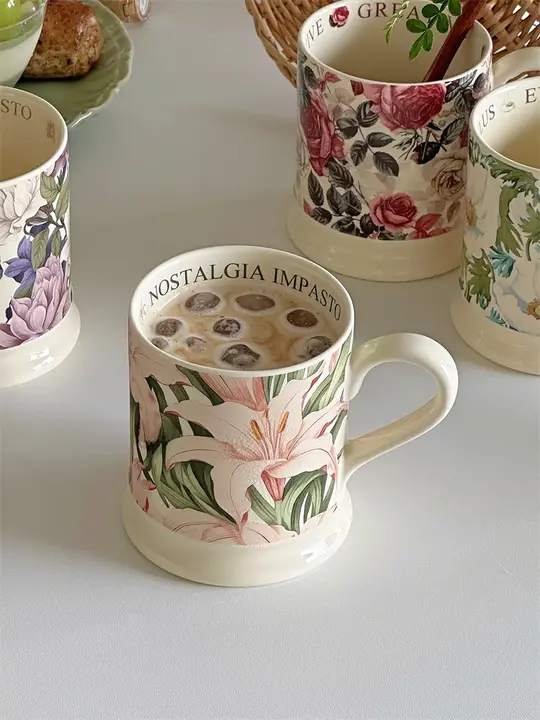 フランス風レトロガーデン油絵風マグカップ【クラシック花柄・セラミック製・カフェ用】
