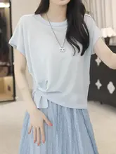 デザイン性のある不規則なニット短袖Tシャツ【ワンサイズ・ドレープ感・スリム効果】（セットアップ対応）