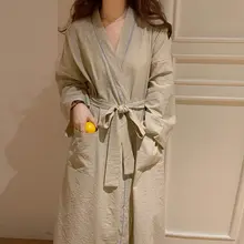 ストライプデザインのロングスリーブガウン【カジュアル・コットンリネン・四季用・広めのシルエット】（セットアップ対応）